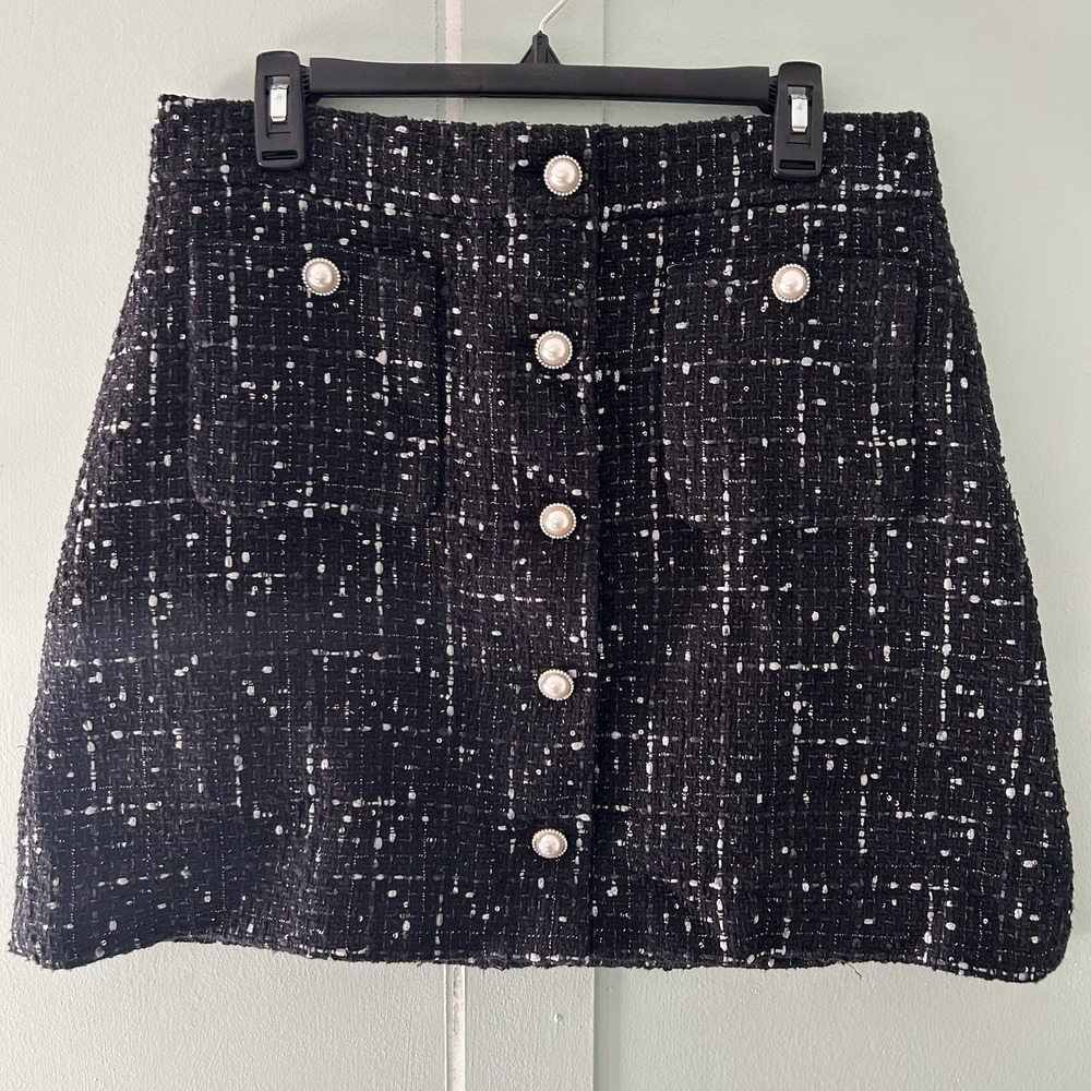 Kate Spade Embellished Tweed Glitzed Up Black Skirt Size 12 Pearl Buttons